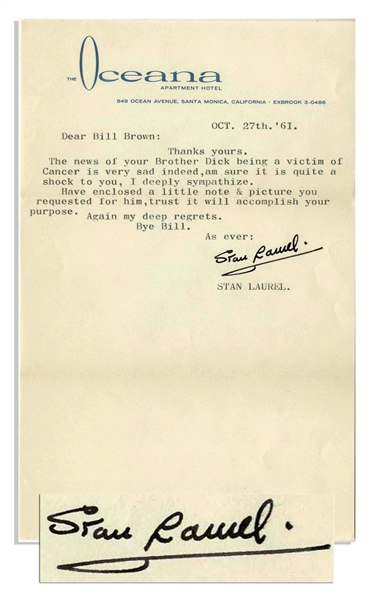 Stan Laurel Letter Signed With His Full Name -- Laurel Sends His Sympathies Following a Cancer Diagnosis -- With PSA/DNA COA